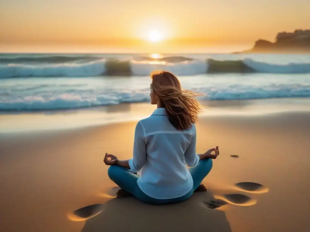 Persona practicando mindfulness en una playa de Uruguay al atardecer, creando un ambiente de paz y armonía