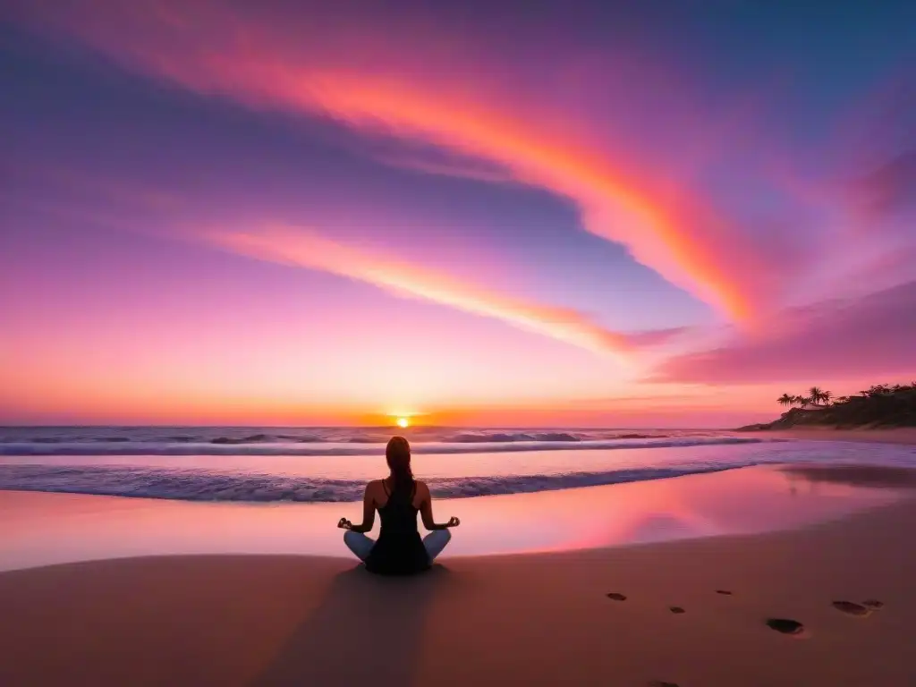 Persona practicando mindfulness en la playa al atardecer en Uruguay, rodeada de palmeras, reflejando paz y bienestar