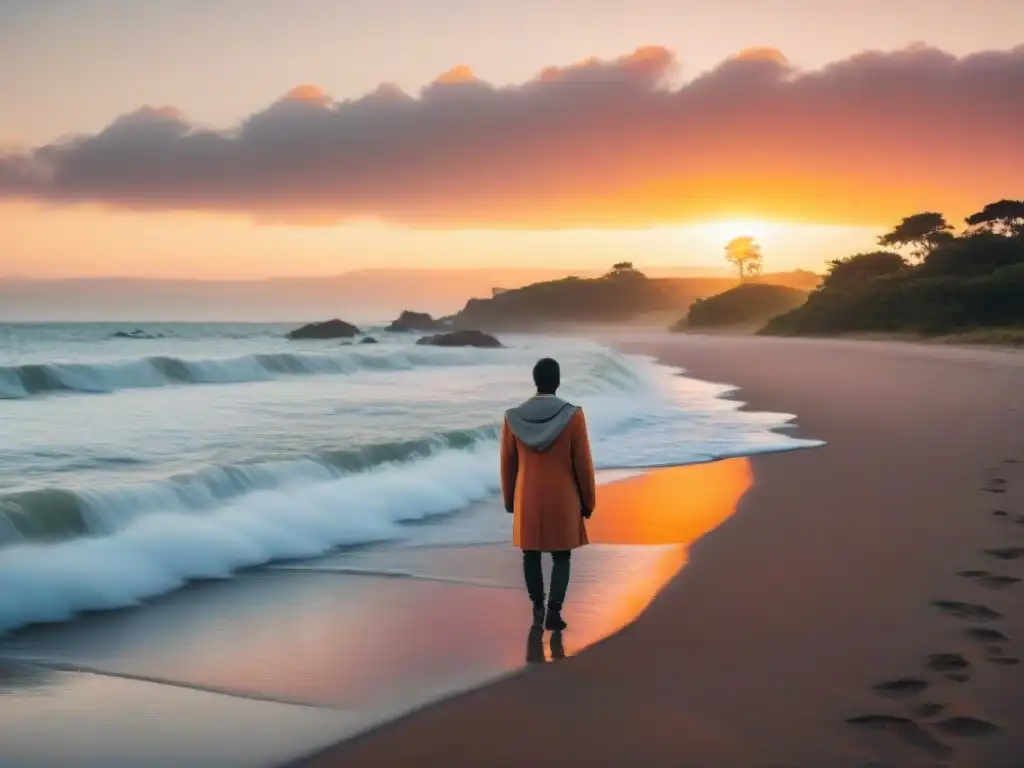 Persona practicando mindfulness en playa uruguaya al atardecer, reflejos anaranjados y rosados en el agua serena