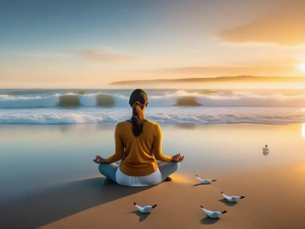 Persona practicando mindfulness en la playa de Uruguay al atardecer, conectando con la naturaleza