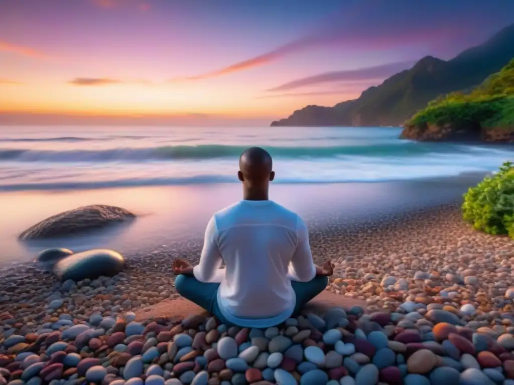 Persona practicando mindfulness en la playa al atardecer, conectando con la naturaleza