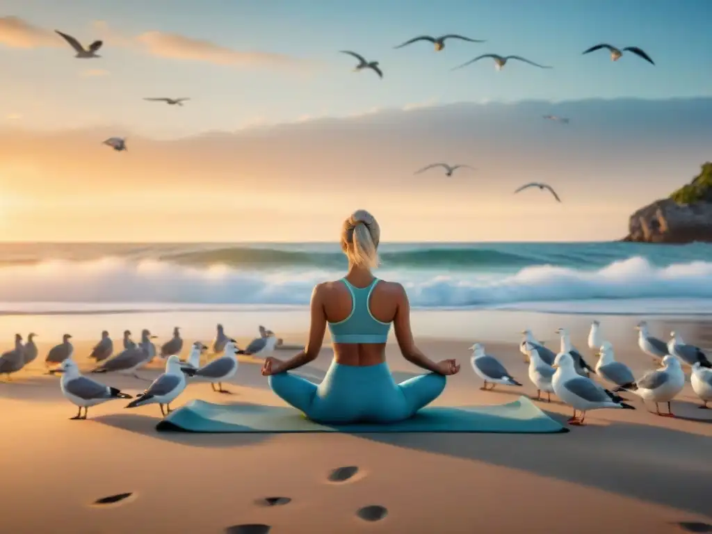 Persona practicando mindfulness en una playa al atardecer, rodeada de gaviotas y olas suaves