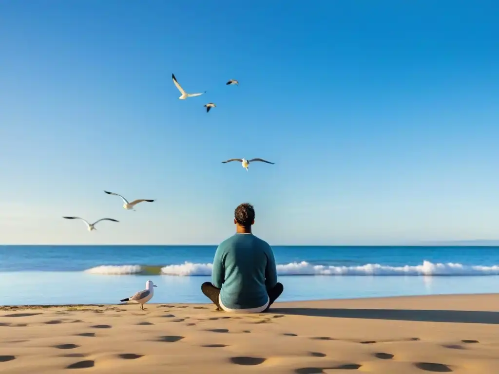 Persona practicando mindfulness en playa uruguaya, rodeada de tranquilidad y conexión con la naturaleza