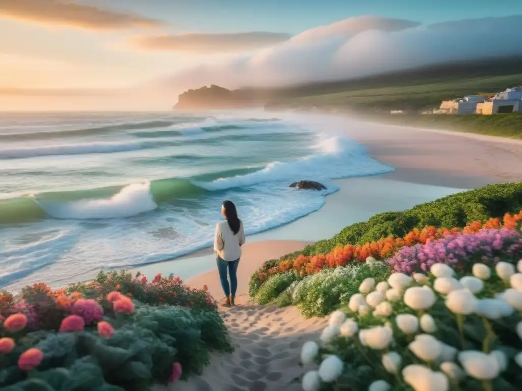 Persona practicando mindfulness en una playa de Uruguay al amanecer, rodeada de naturaleza exuberante y flores vibrantes