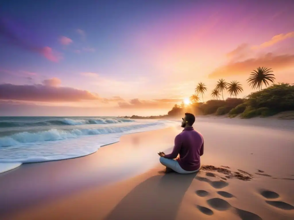 Persona practicando mindfulness en una playa tranquila de Uruguay al atardecer