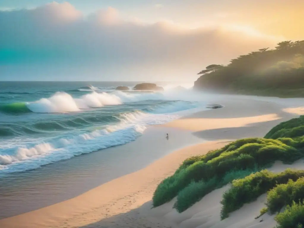 Persona practicando mindfulness en una playa uruguaya al amanecer, rodeada de tranquilidad