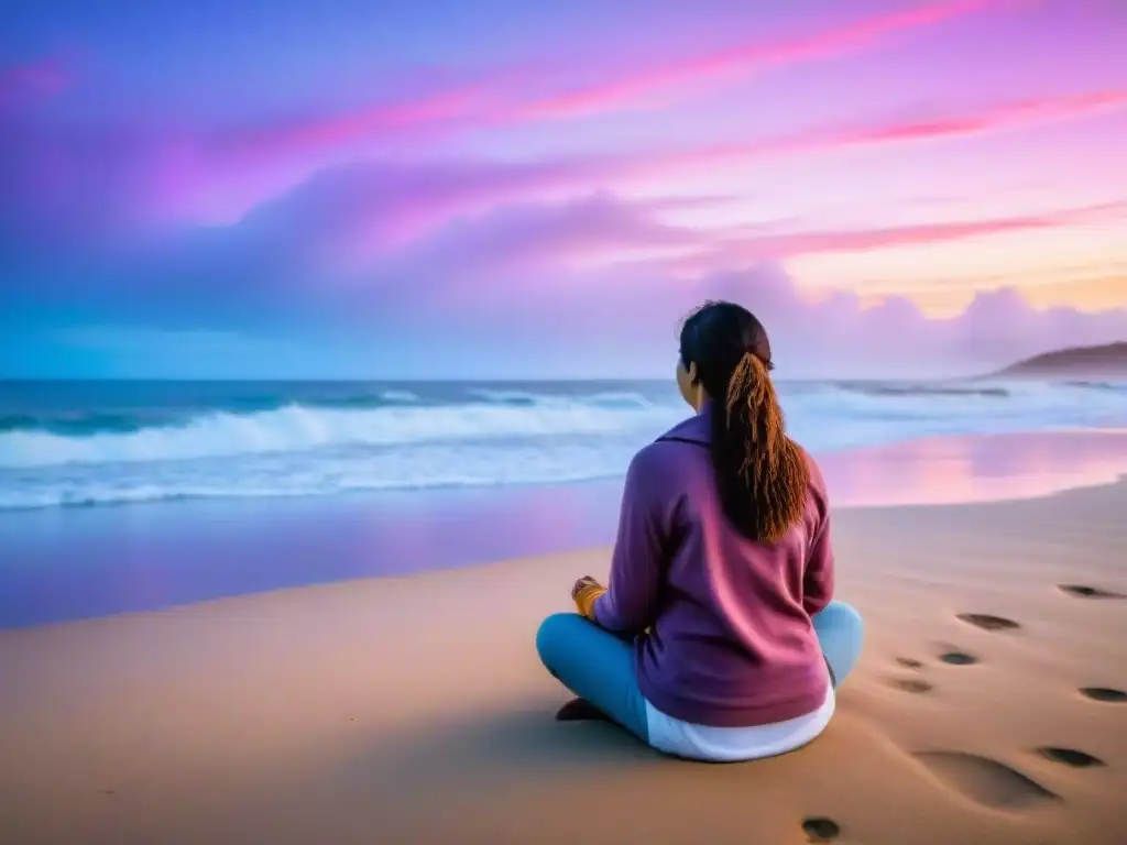 Persona practicando mindfulness en la playa de Uruguay al amanecer