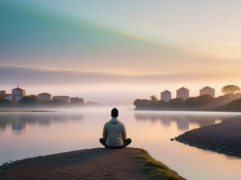 Persona practicando mindfulness en el Río de la Plata al amanecer, reflejos pastel en el agua transmiten paz