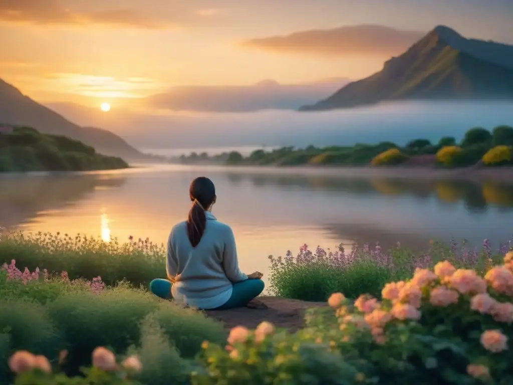 Persona practicando mindfulness en el Río de la Plata al atardecer, rodeada de naturaleza y paz