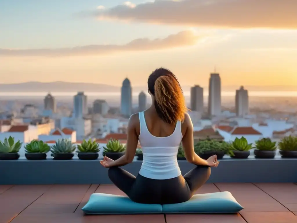 Persona practicando mindfulness en terraza minimalista de Montevideo al atardecer con app de 'Mindfulness digital para bienestar Uruguay'