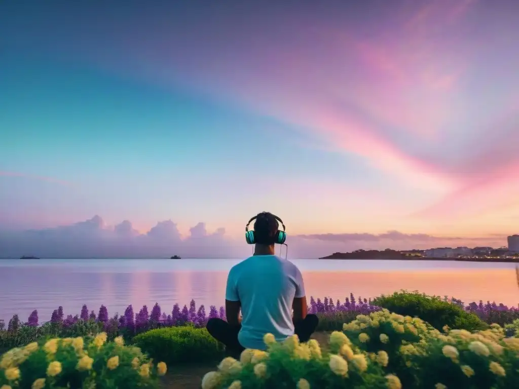 Puesta de sol serena en Montevideo: música y relajación Persona escuchando música al atardecer en Montevideo, reflejos pastel en el agua con jacarandás