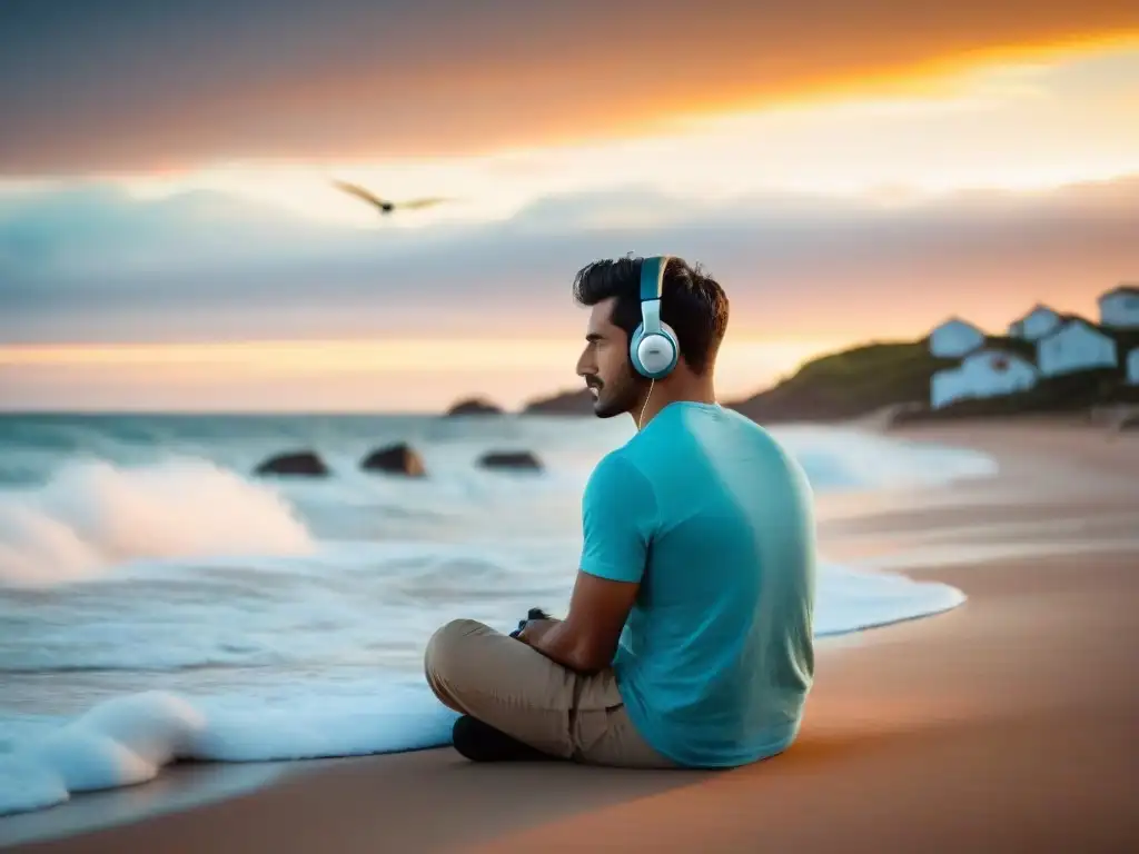 Persona meditando con música uruguaya en la playa al atardecer, cielo colorido reflejado en el mar tranquilo