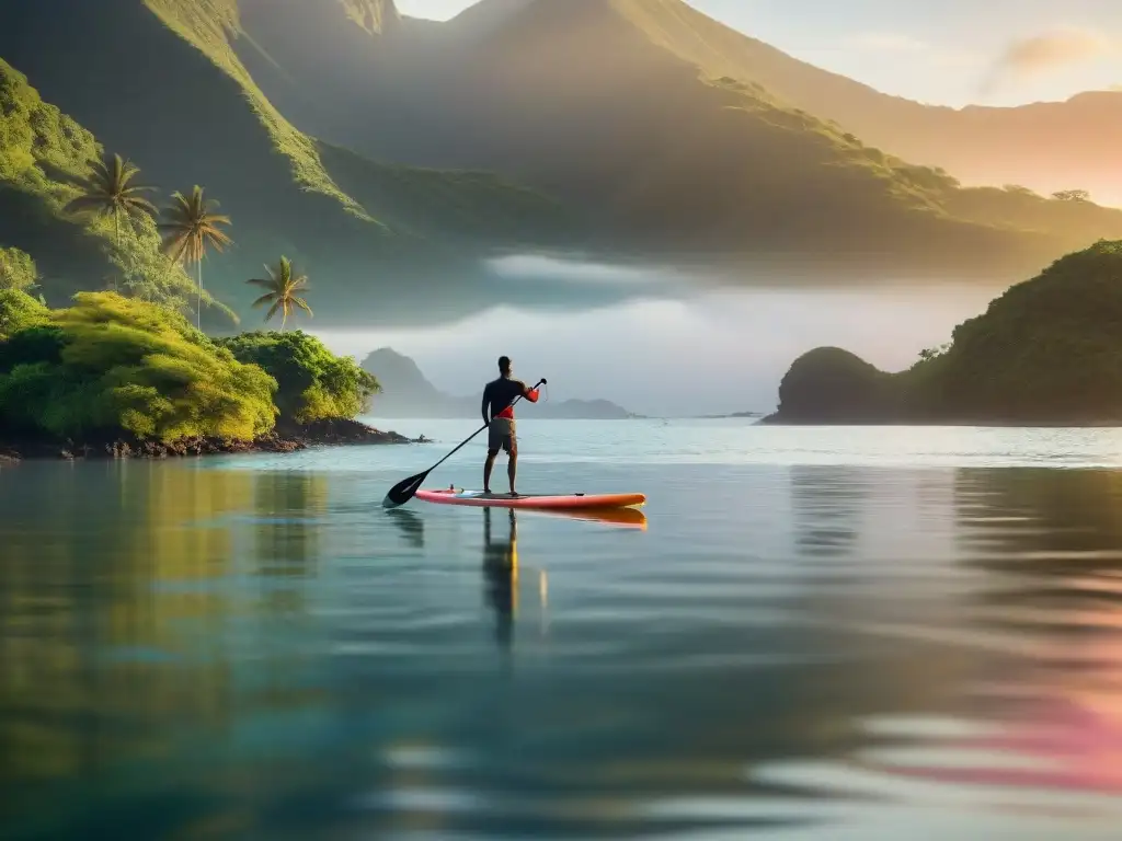 Persona practicando paddle surf al atardecer en Laguna Garzón, reflejando los beneficios del paddle surf Laguna Garzón