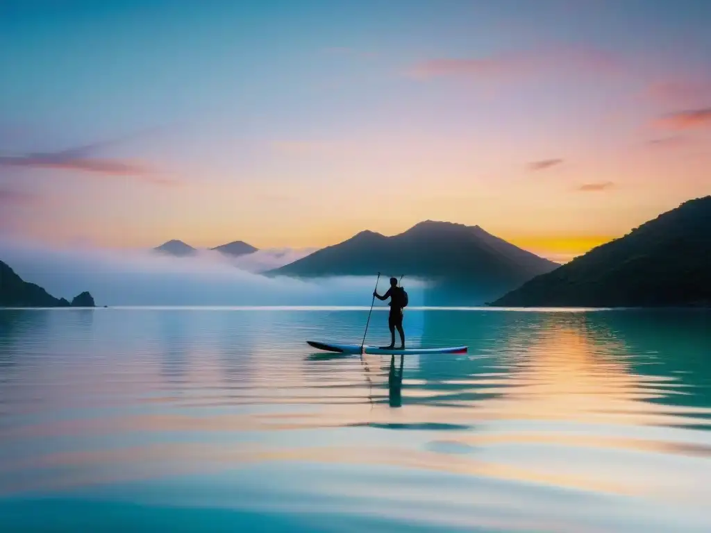 Persona practicando paddle surf al amanecer en Laguna Garzón, reflejos vibrantes en el agua tranquila