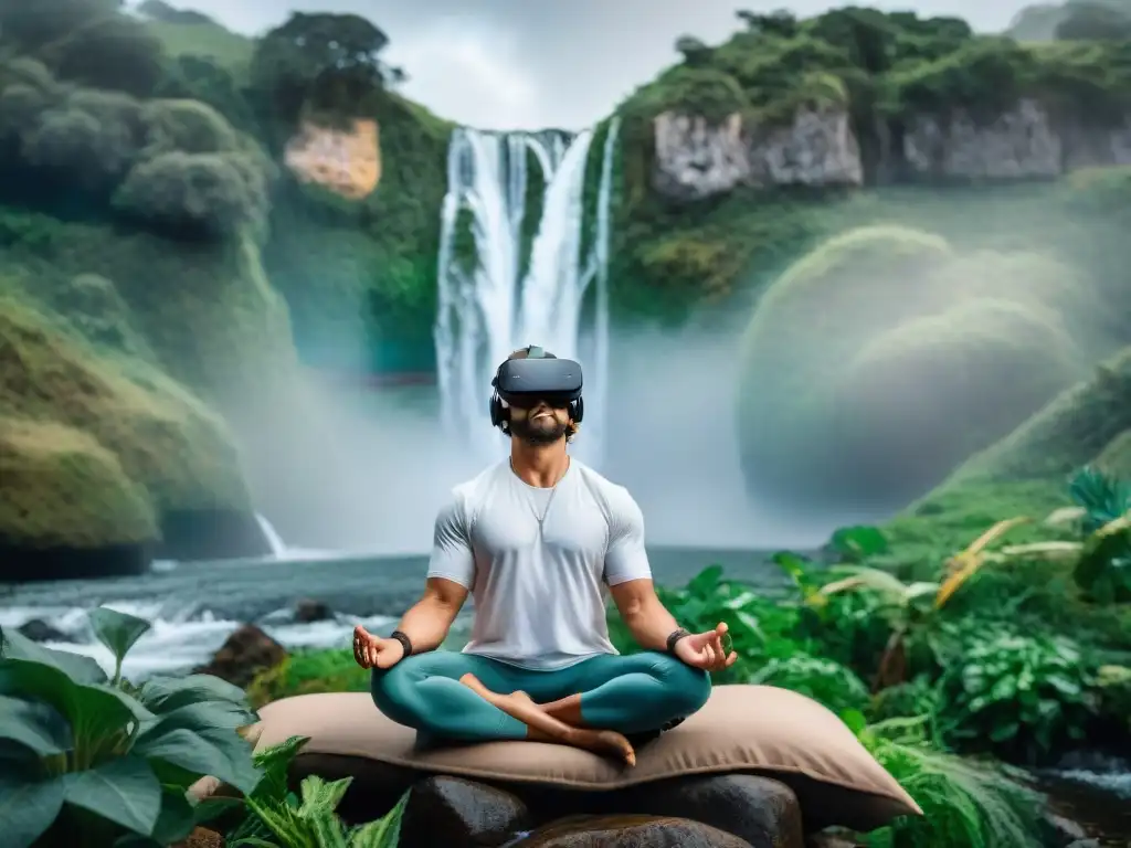 Persona meditando en paisaje virtual futurista de Uruguay, fusionando tecnología y bienestar con armonía y paz