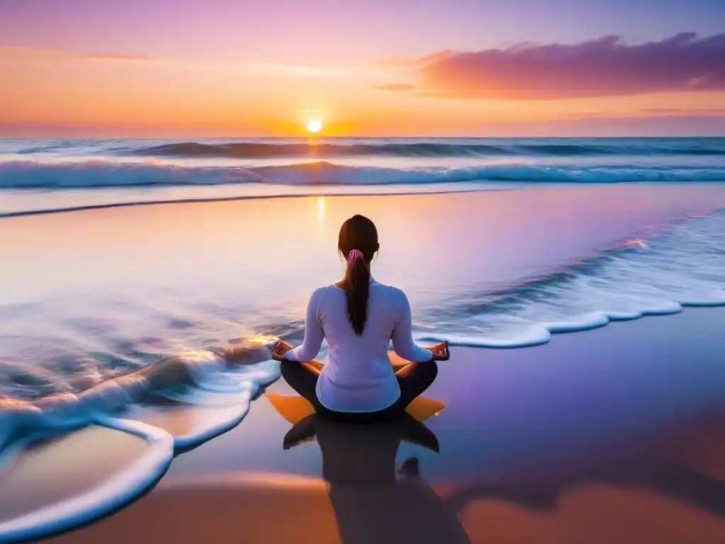 Persona meditando en paz en la playa de Uruguay al atardecer, reflejando los beneficios de la meditación trascendental