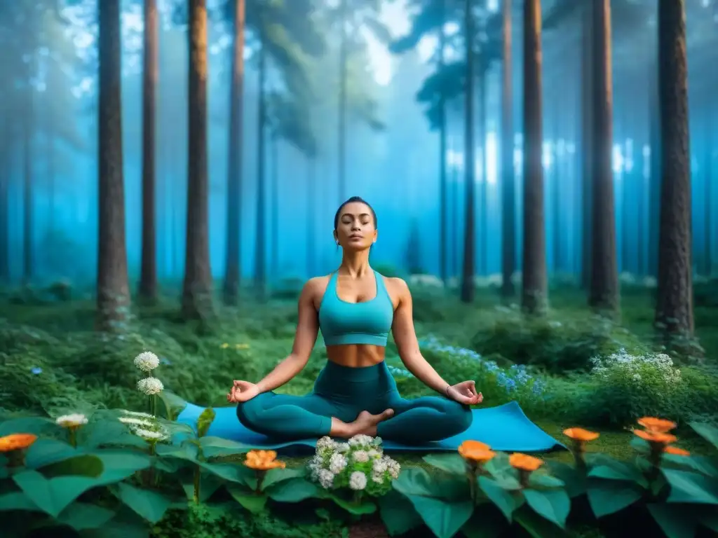 Persona en paz practicando yoga en un bosque verde rodeado de flores, árboles altos y cielo azul