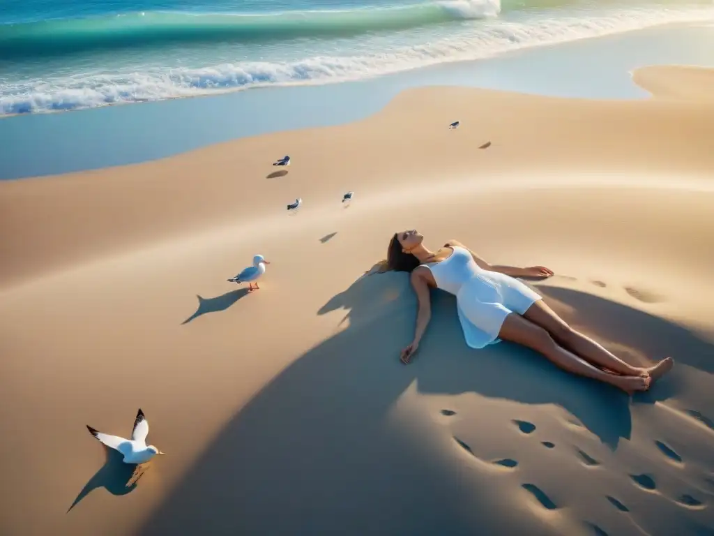 Persona relajándose en la playa, absorbida por la energía del sol y el mar