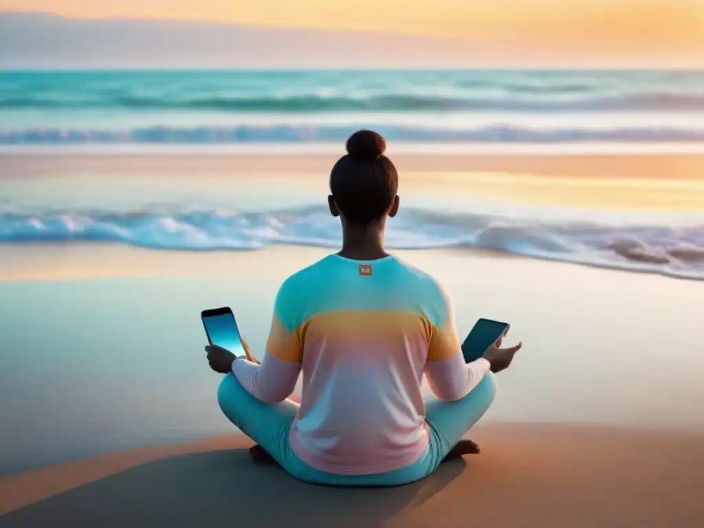 Persona meditando al amanecer en la playa con app de mindfulness en Uruguay