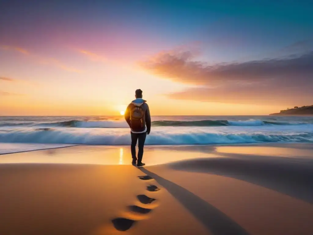 Persona meditando en playa uruguaya al atardecer