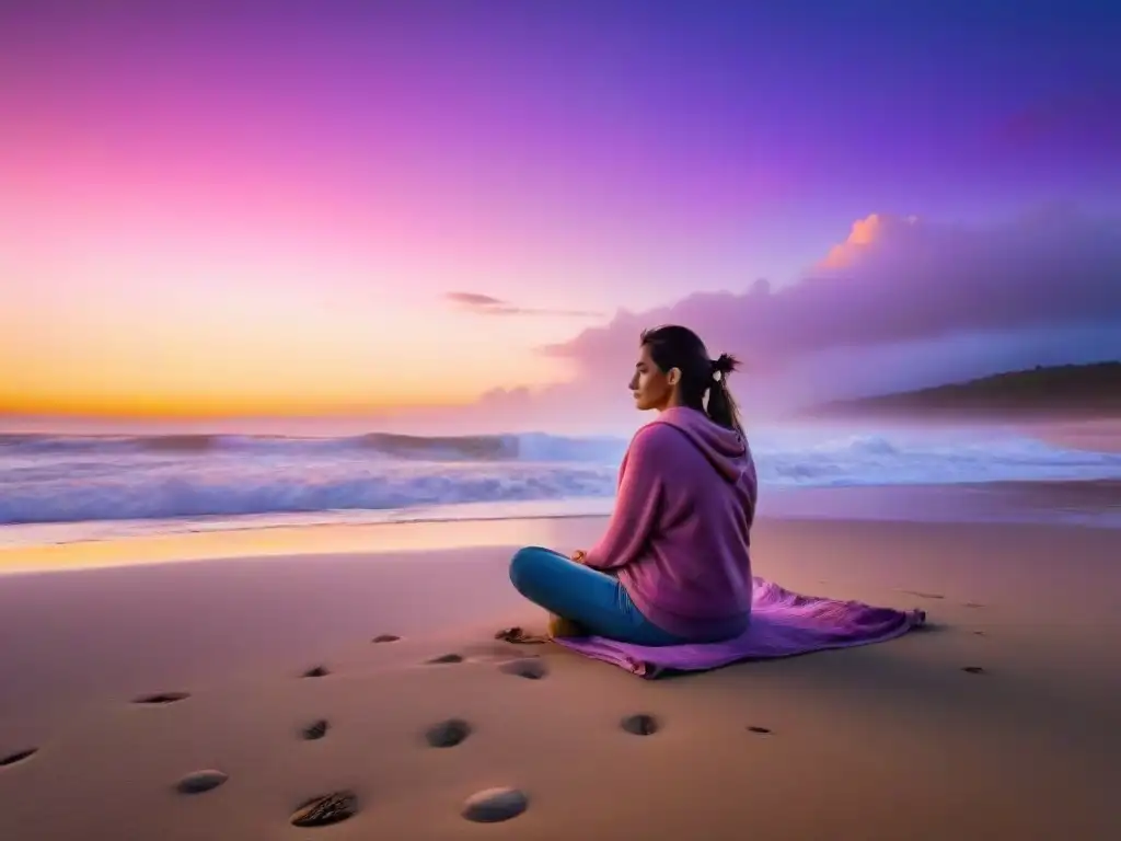 Persona meditando en la playa de Uruguay al atardecer, en un ambiente de paz y meditación consciente