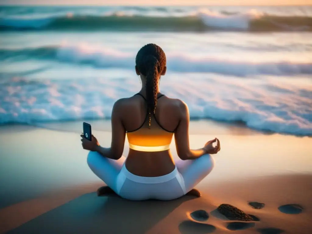 Persona meditando en la playa al atardecer con app de 'Meditación guiada para uruguayos' en su celular