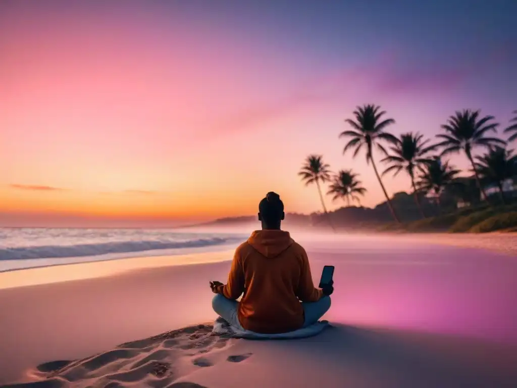 Persona meditando en la playa al atardecer con app de bienestar en Uruguay