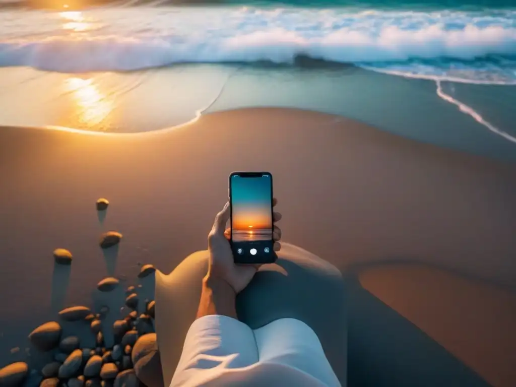 Persona meditando en la playa al atardecer con apps de meditación uruguayas en smartphone