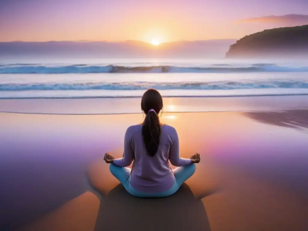 Persona practicando mindfulness en playa de Uruguay al atardecer, con beneficios de bienestar y meditación