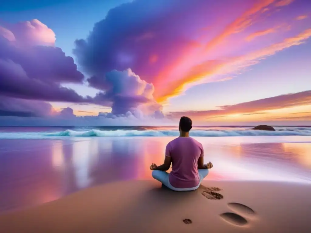 Persona meditando en una playa de Uruguay al atardecer, reflejando calma y serenidad