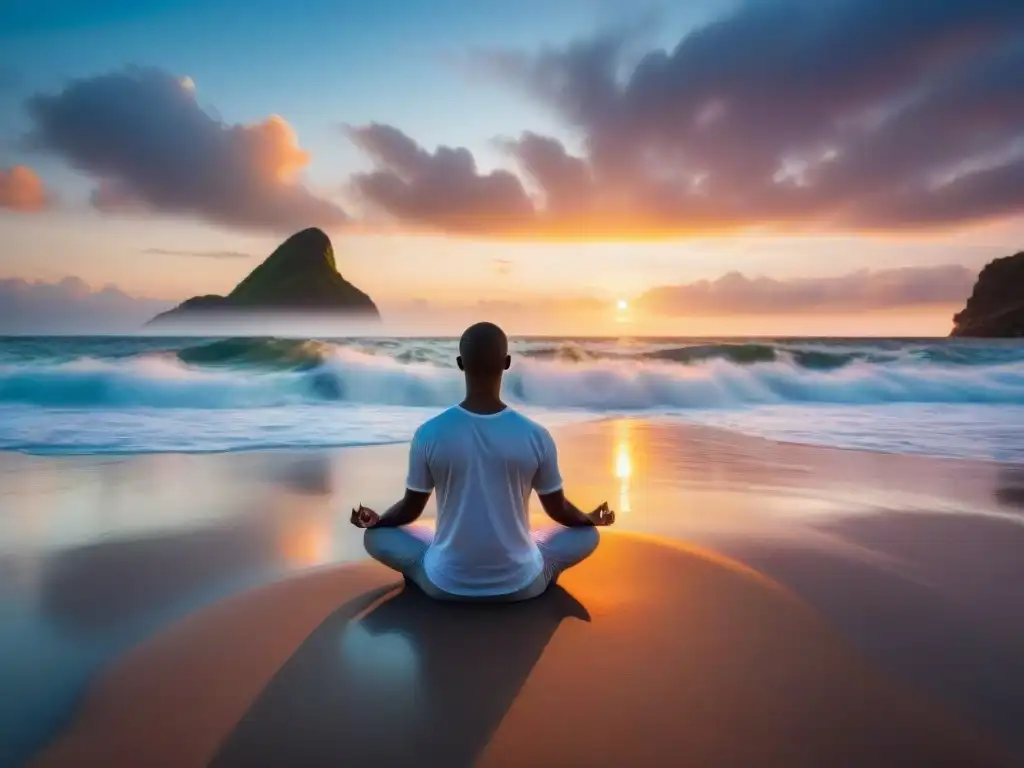 Persona meditando en la playa al atardecer, transmitiendo calma y paz interior, ideales para los mejores cursos online meditación Uruguay