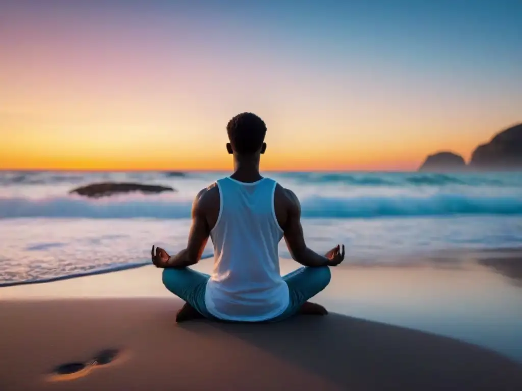 Persona meditando en la playa al atardecer, transmitiendo calma y bienestar