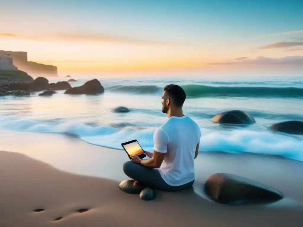 Persona meditando en la playa al atardecer de Uruguay, con curso online mindfulness en tablet