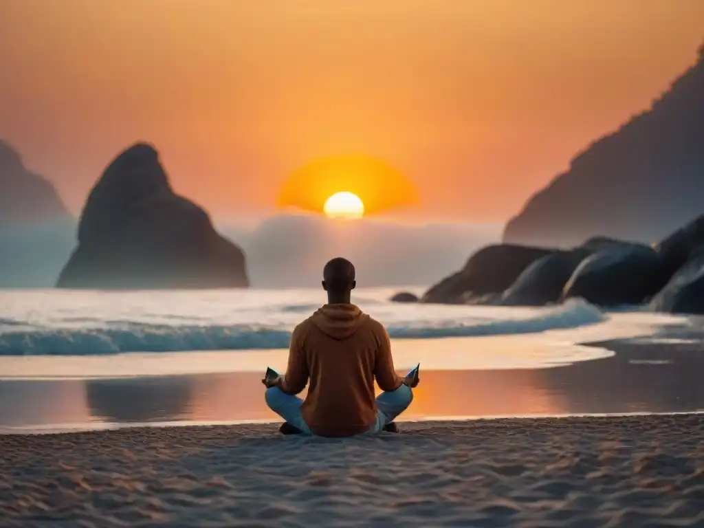 Persona en la playa al atardecer con dispositivos digitales mostrando apps de mindfulness