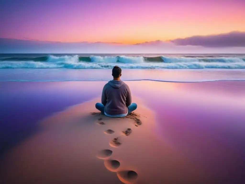 Persona meditando en la playa de Uruguay al atardecer, en un entorno tranquilo