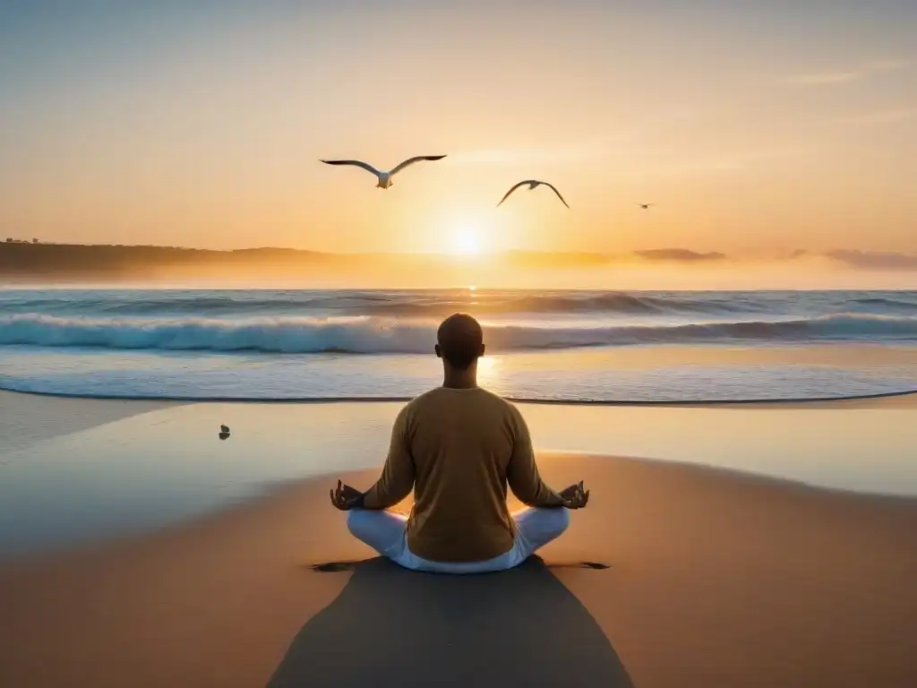 Persona meditando en una playa de Uruguay al atardecer, transmitiendo espiritualidad y bienestar mental