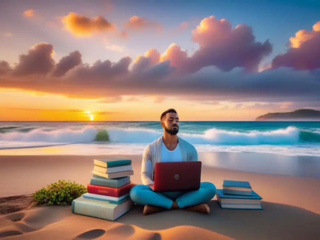 Persona meditando en la playa al atardecer con libros, laptop y té