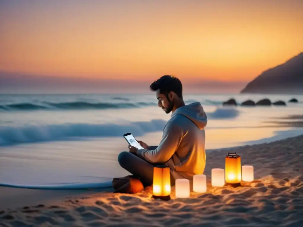 Persona meditando en la playa al atardecer con linternas, usando app de meditación