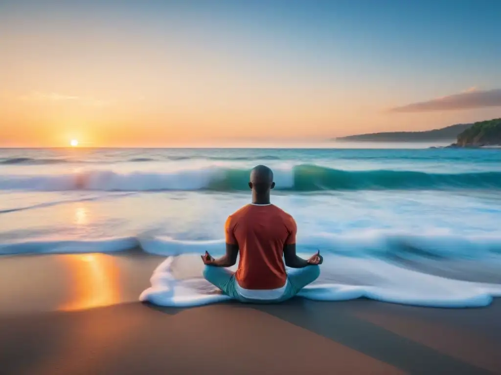 Persona meditando en la playa al atardecer en Uruguay, con olas suaves y cielo vibrante