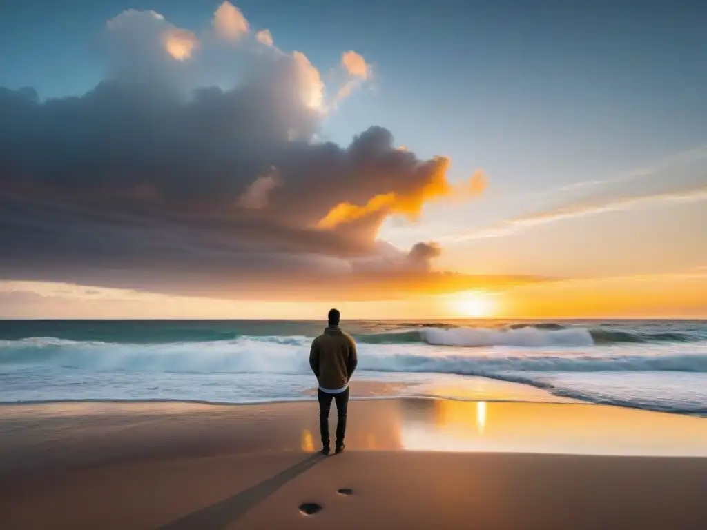 Persona practicando meditación mindfulness en una playa de Uruguay al atardecer, con olas suaves y palmeras