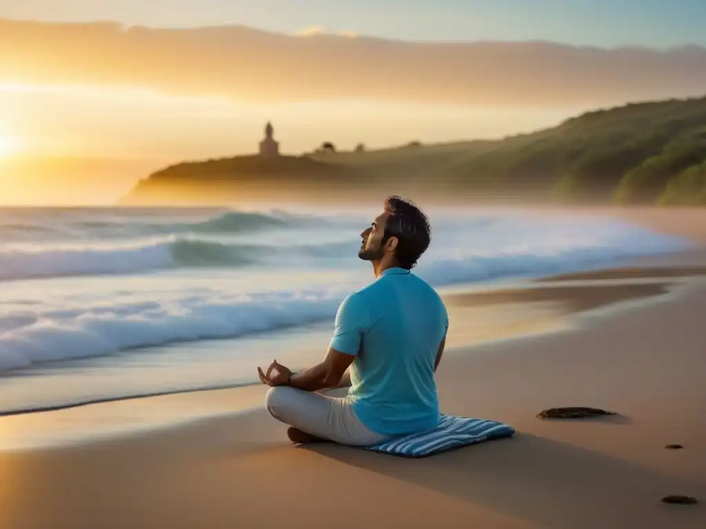 Persona meditando en una playa de Uruguay al atardecer, con olas suaves y colores vibrantes