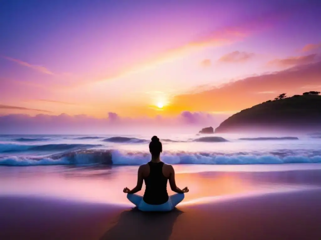 Persona meditando en playa de Uruguay al atardecer, transmitiendo paz y conexión con la naturaleza