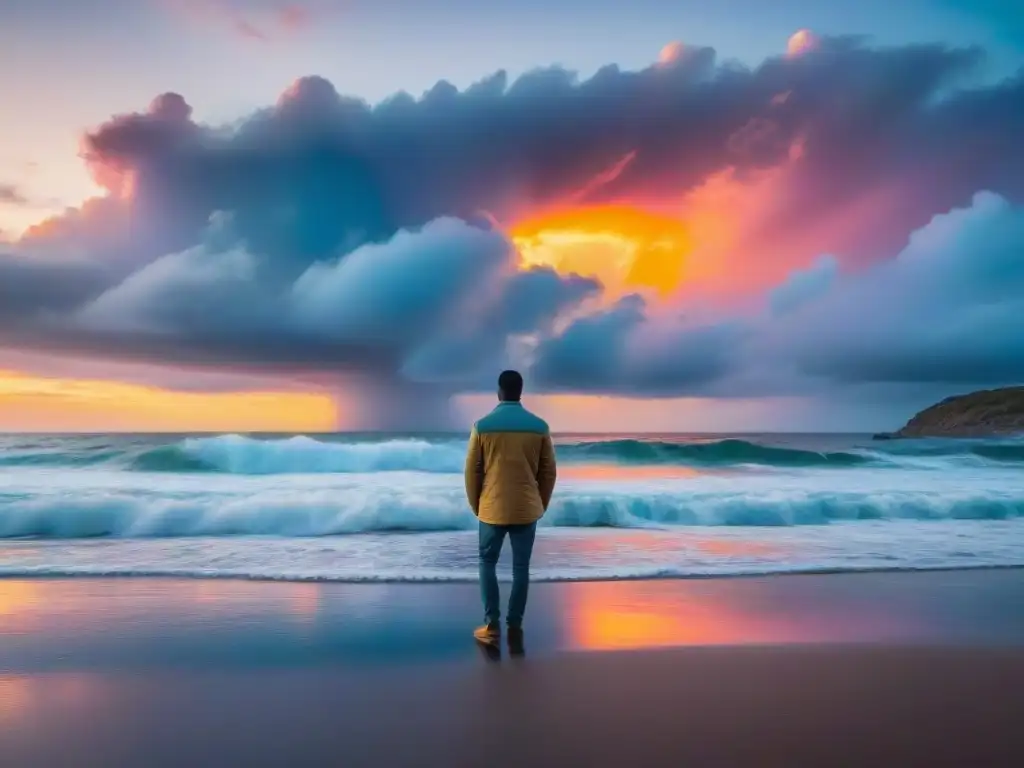 Persona meditando en la playa al atardecer en Uruguay, reflejando paz y bienestar