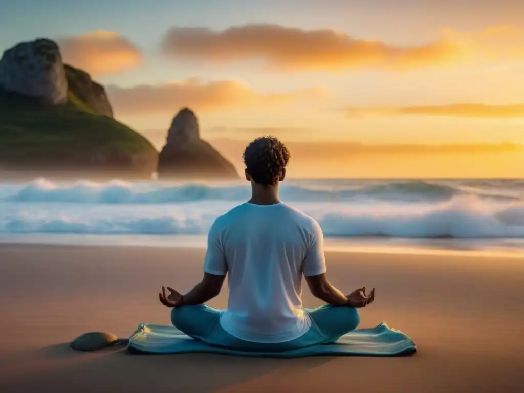 Persona meditando en playa uruguaya al atardecer, transmitiendo paz y serenidad