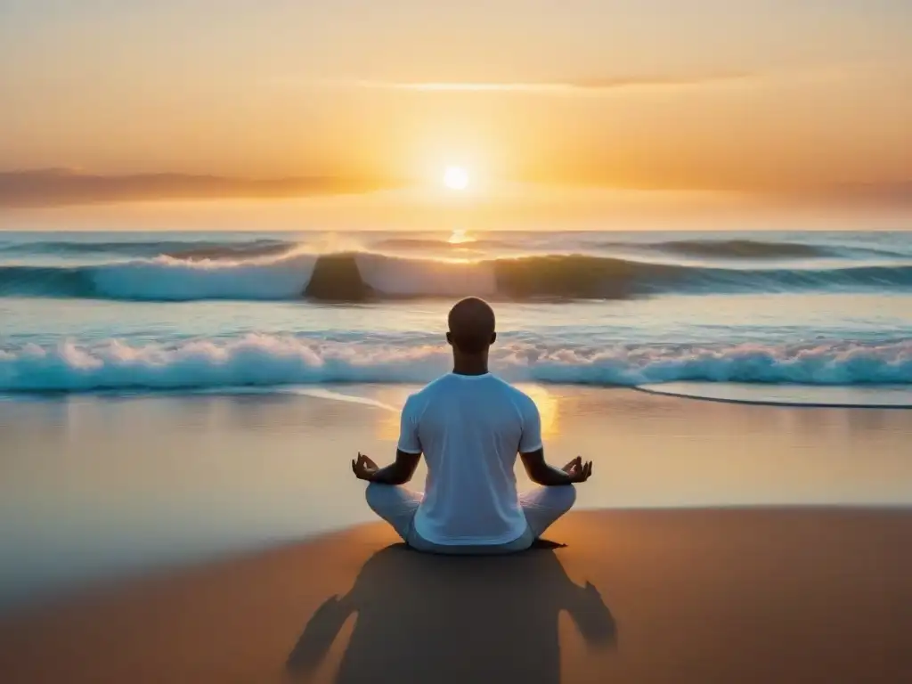 Persona meditando en la playa al atardecer en Uruguay, transmitiendo paz y conexión con la naturaleza