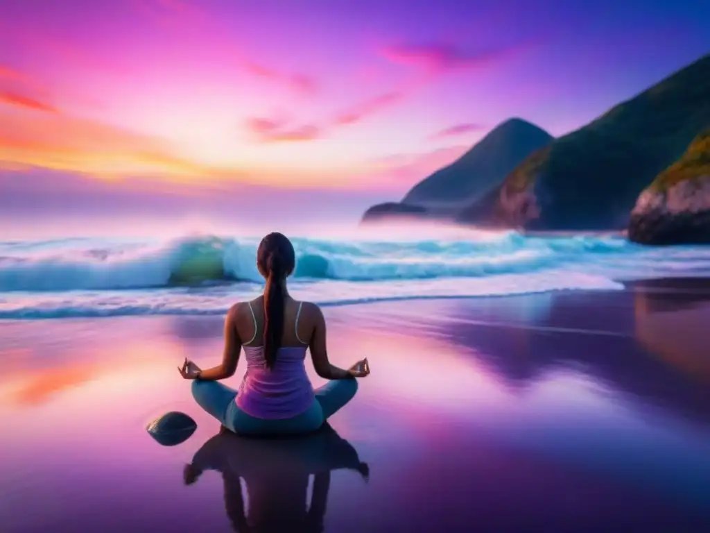 Persona meditando en la playa al atardecer en Uruguay, reflejos de cielo naranja, rosa y morado en el mar