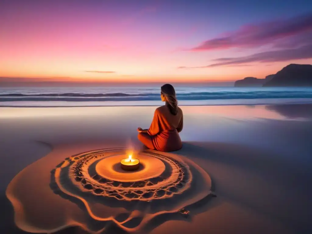 Persona meditando en playa al atardecer, rodeada de velas e incienso