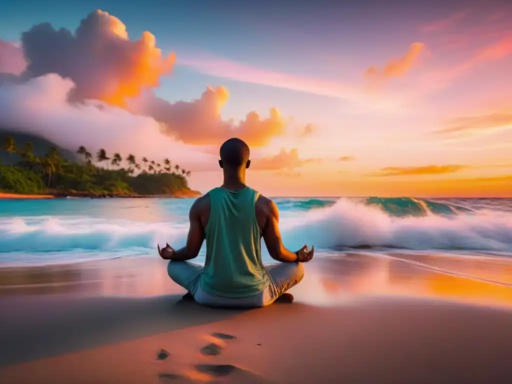 Persona meditando en playa al atardecer, rodeada de palmeras y mar tranquilo