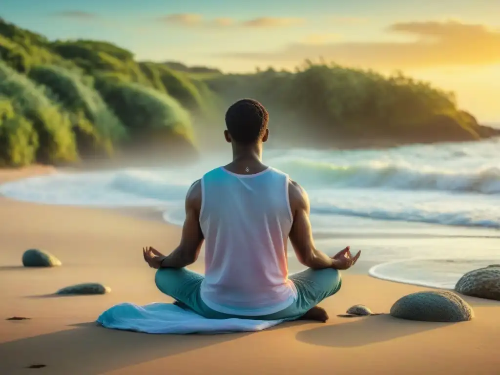 Persona meditando en la playa de Uruguay al atardecer, rodeada de naturaleza, transmitiendo calma y serenidad