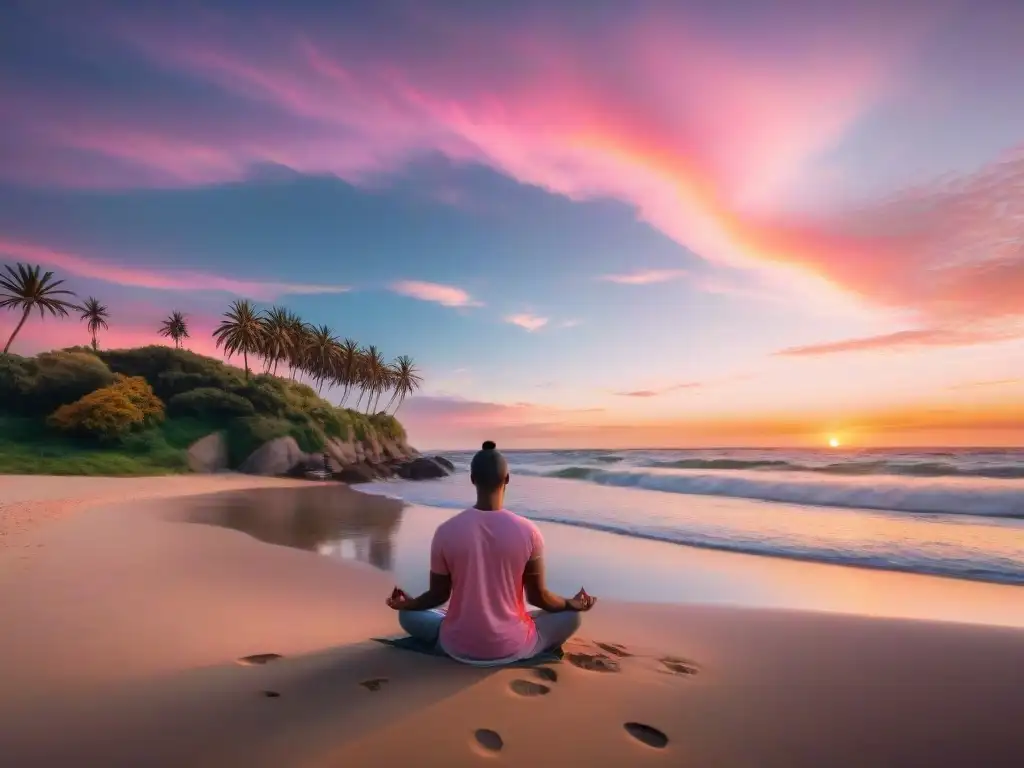 Persona meditando en playa de Uruguay al atardecer, rodeada de naturaleza, transmitiendo serenidad